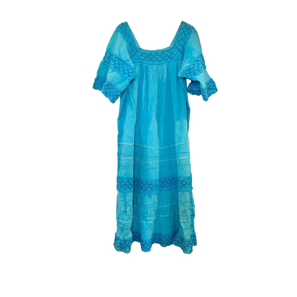 Vintage 1970's Cotton Gauze Boho Hippie Prairie Maxi Dress Lace Blue MuuMuu